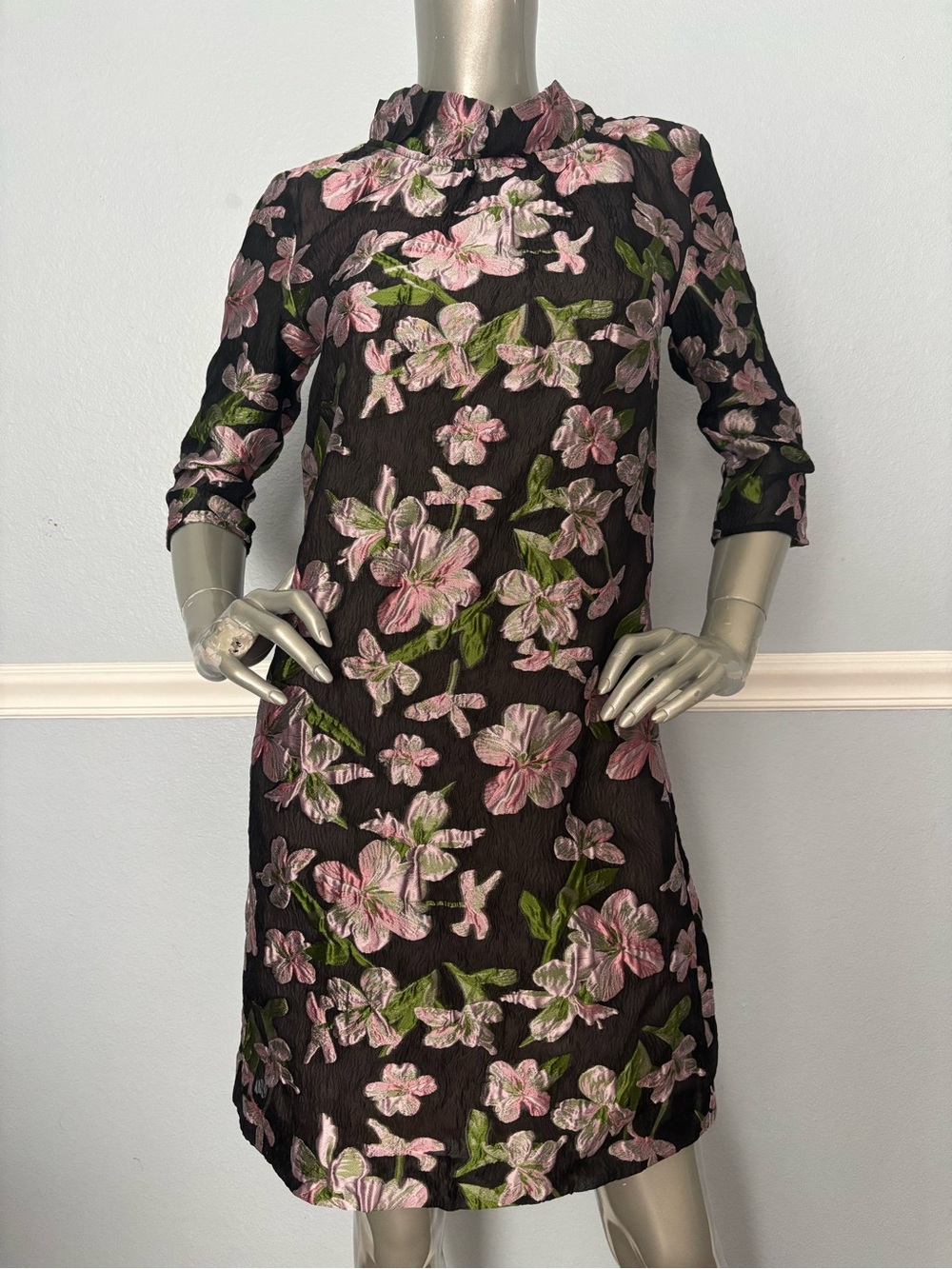 Abbey Glass Dress New Claudine Organza Shift Black Floral Jacquard NO BELT XS